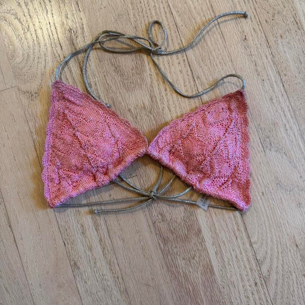 Vintage Victoria's Secret Coral Metallic Crochet Triangle Bikini Top Y2K Style S